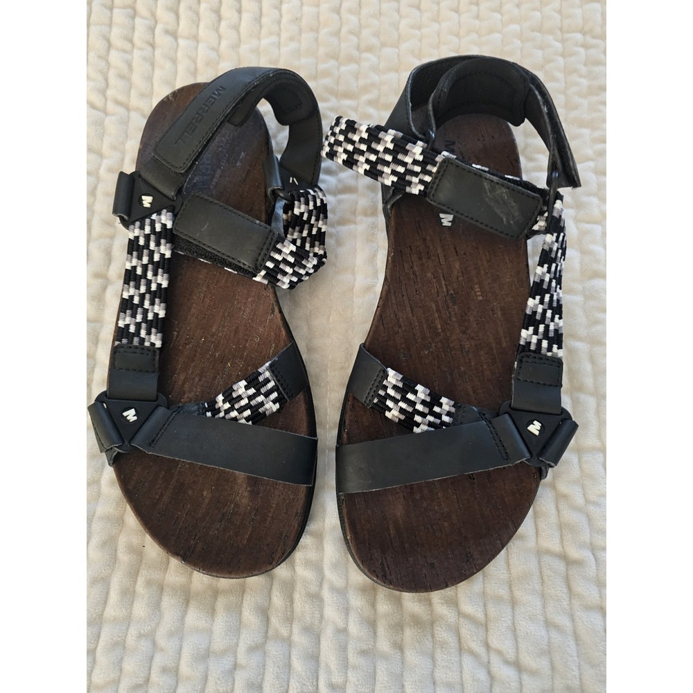 MERRELL Select Grip Women's Size 8 Black White Leather Sandals Shoes‎